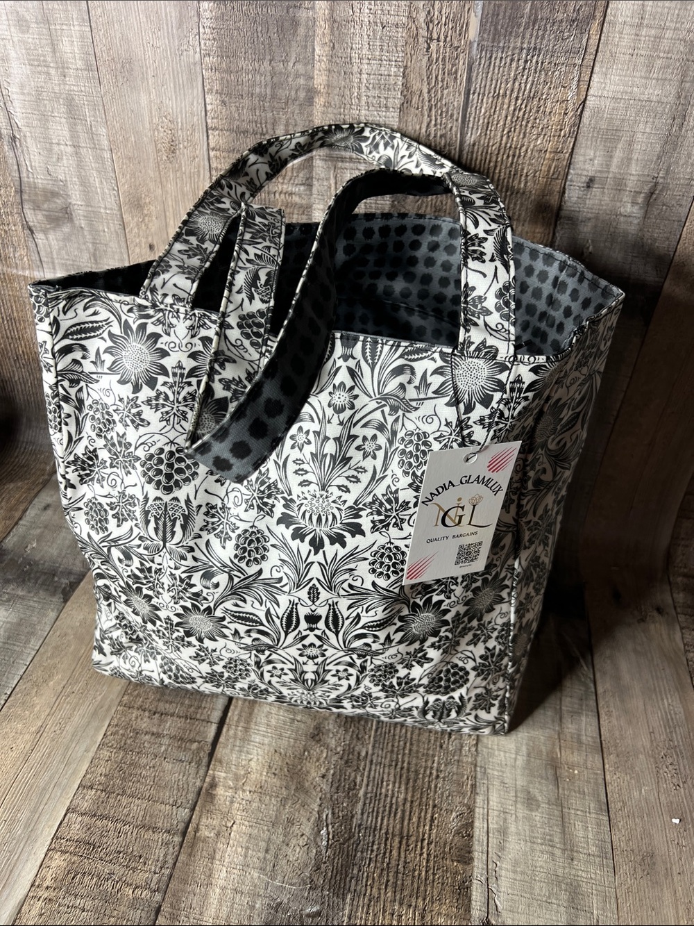 Black & White Floral Tote Bag with Reversible Dot Interior